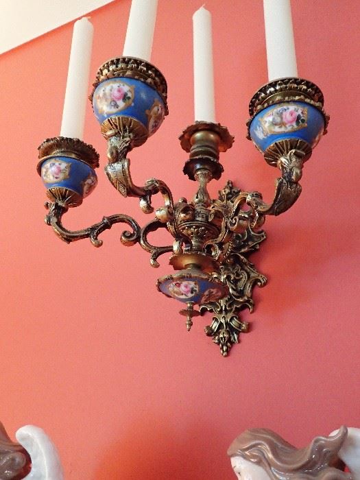 PAIR OF ANTIQUE FRENCH BRONZE & PORCELAIN BRANCH CANDELABRA CANDLE HOLDERS
 THIS WALL SCONCE IS SPECTACULAR WITH PAINTED PORCELAIN. 