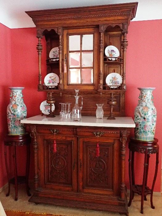 THIS AMAZING CUPBOARD HAS CARVED DETAILS - MARBLE TOP - BRASS HARDWARE.