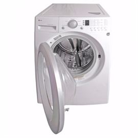 LG Front-Loading Washer: An automatic washing machine by LG. The washer features a front-loading design in white with a stainless steel tub, a digital display, and a dial with five major settings. It is marked by the manufacturer with model number WM2016CW and serial number 909KWHX03305.