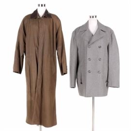Men's Coats Including MICHAEL Michael Kors: A selection of two men’s coats. This grouping includes a brown leather coat by Pelle Studio with a turn-down collar, concealed button closures, slash pockets, button cuffs, a center vent, an interior pocket and a paisley print polyester lining; and a grey wool blend peacoat by MICHAEL Michael Kors with notched lapels, button closures, zipper slash pockets, a center vent, interior pockets and a quilted polyester lining.