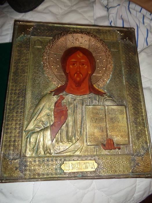 SIGNED 19TH CENTURY RUSSIAN ICON ENCASED IN SILVER. SIGNED MANUFACTURER MARKINGS INCLUDING SILVER MARKS  