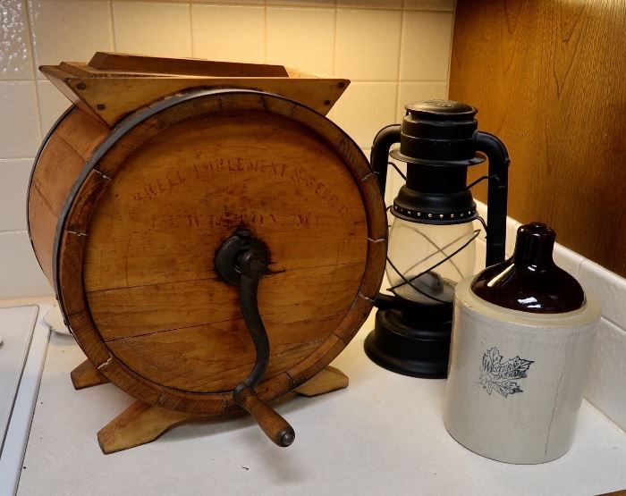 Antique Wood Barrel Butter Churn - Crock Jug & Lantern