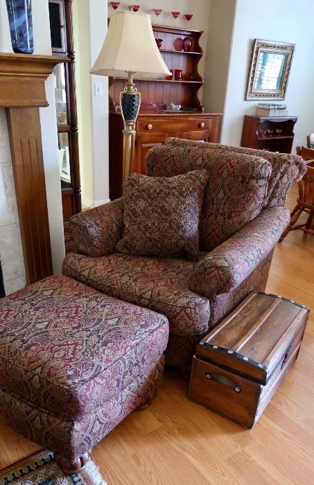 Nice Upholstered Arm Chair, Ottoman, Floor Lamp & Small Antique Trunk