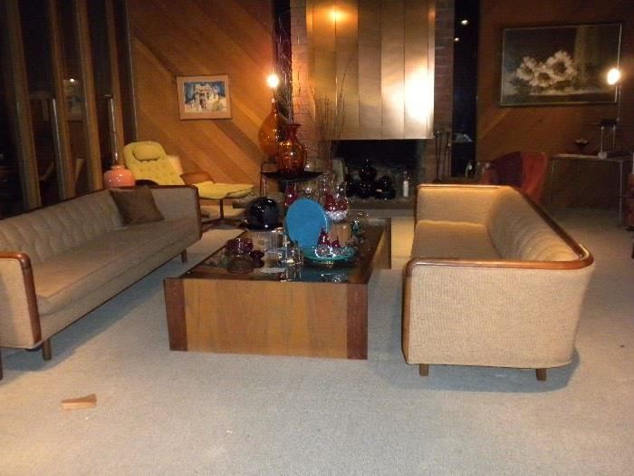MID CENTURY SOFAS AND COFFEE TABLE