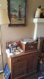 cute antique ash washstand, antique tabletop phonograph