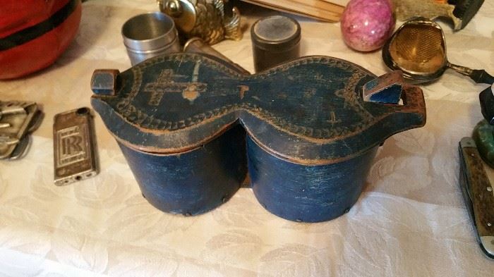 wonderful wooden spice? salt? jewelry? puzzle box with original blue paint.  dated 1864!!  Likely Norwegian / Scandinavian tine box