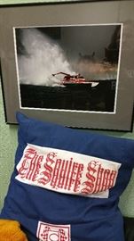 Squire Shop pillow, framed photos