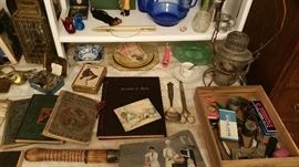 early readers - depression glass - Whitman's Leaves of Grass, special edition - 1925 Northern Pacific RR lantern - huge butcher knife with painted scene on blade - ETC!