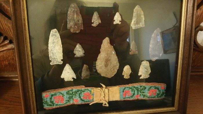  arrowheads and native beaded belt - NICE - from North Dakota