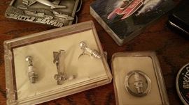 champion sparkplug tie tack and earrings and pin