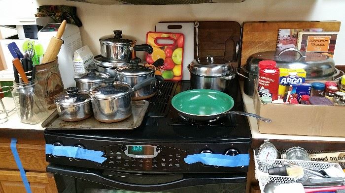 Revere ware pots and pans with lids - clean, good condition - cutting boards - carving boards - stainless roaster - 