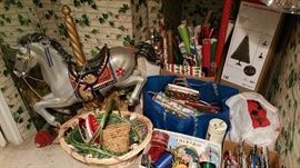Christmas wrap, ribbon, bags etc - heavey plastic carousel horse - lighted Christmas tree, used once!