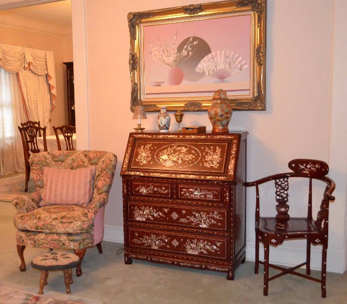 Upholstered arm chair; needlepoint stool; mother-of-pearl inlaid drop-front desk & mother-of-pearl inlaid corner chair