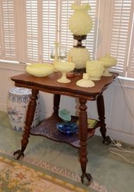 Glass ball & claw foot oak parlor table; Fenton custard satin glass