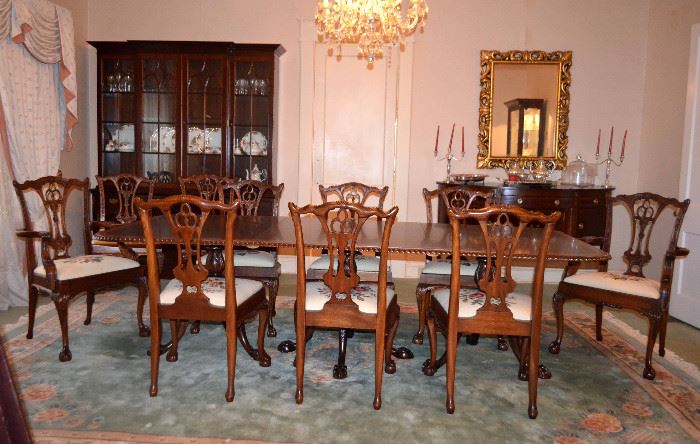 3 pedestal banquet table w/10 chairs (& 2 more leafs)