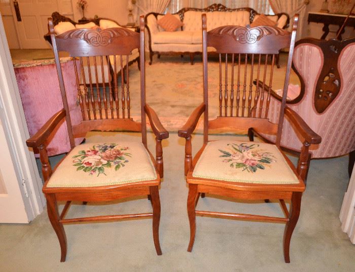 Oak spindle back chairs w/needlepoint seats