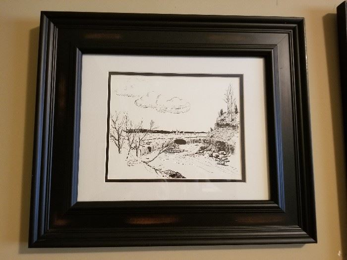 Signed Joyce Mathias Drawing of the Lake St. Louis dam