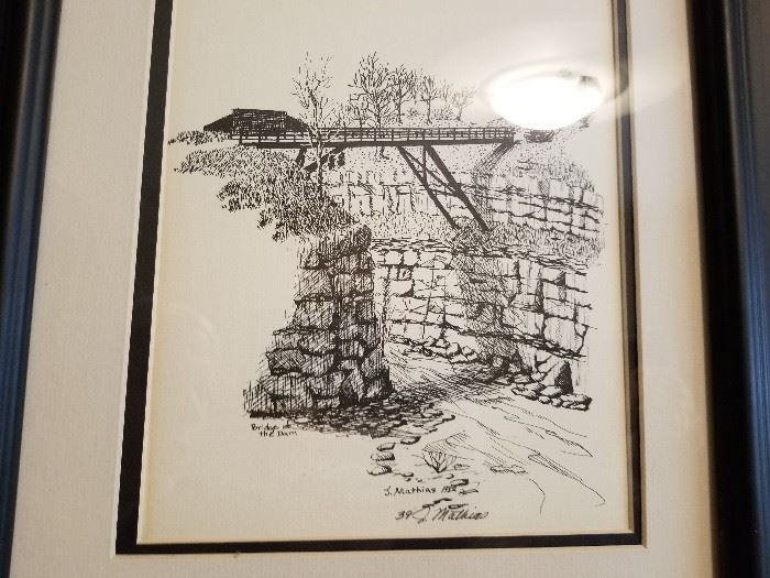 Signed Joyce Mathias Drawing of the Lake St. Louis Bridge by the dam