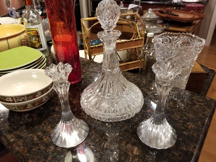 Crystal and cut glass decanter and candle stick holders