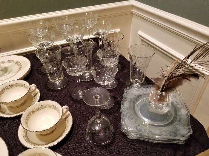 Cut crystal stemware and plates
