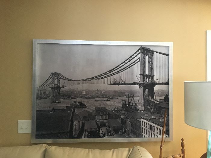 Oversized black and white print of photo of the construction of the Golden Gate Bridge