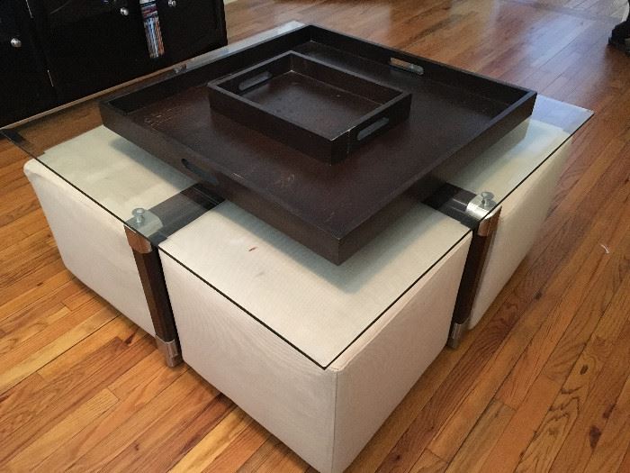 Awesome Klaussner table Coffee table with 4 pull out ottomans/seats topped with 2 moveable trays purchased separately