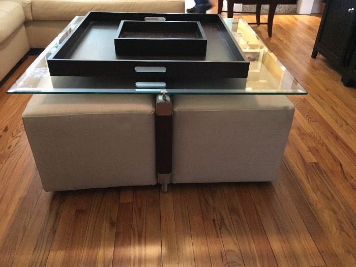 Awesome Klaussner table Coffee table with 4 pull out ottomans/seats topped with 2 moveable trays purchased separately
