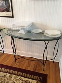 Demilune Glass and Wrought iron Sofa Tables 2 matching 53L X 18.5 W