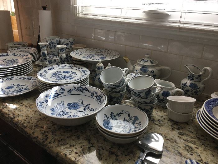 Blue Danube dishes Creamer sugar, Salt and pepper, Candle holders, butter dish, 4 coffee mugs, 6 tea cups, 7 dinner plates, 8 salad, 8 bread plates, Serving dish