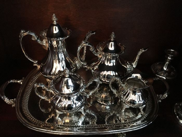 Reed and Barton Silver plate Coffee and Tea serving set with cream and sugar on beautiful serving tray