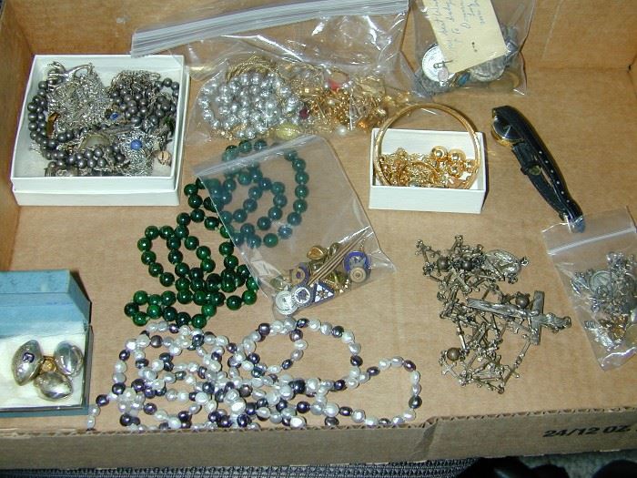 Silver jewelry, freshwater pearls, scrap gold & jade beads.