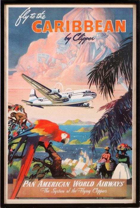 2211 - PAN AM ORIGINAL POSTER, C.1940, H 39", W 25", 'PAN AMER WORLD AIRWAYS - CARIBBEAN'