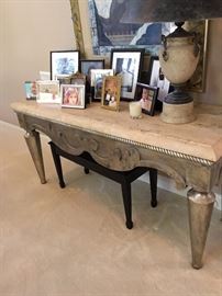 Swaim French silver leaf stone top console table, made in Mexico. 