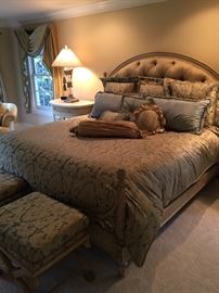 Jeffeco Embassy wood King bed, Almalfi finish with mattresses. Custom silk bedding set with pillows.