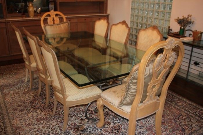 Glass Top Dining Room Table with 8 French Style Chairs
