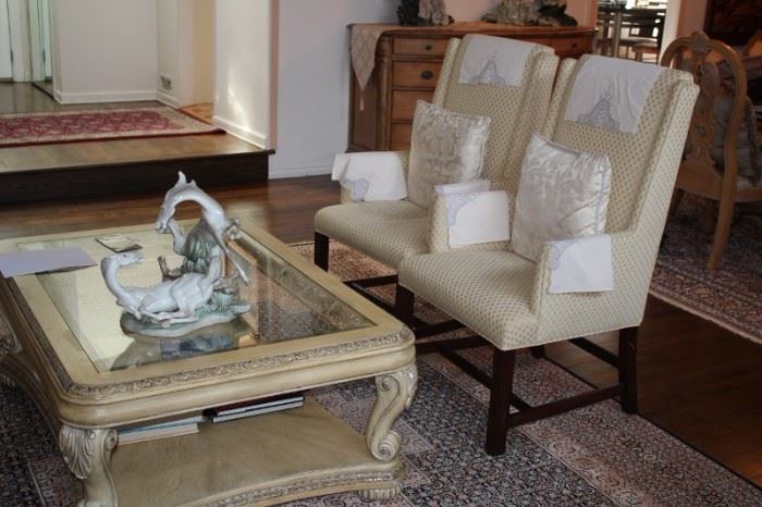 Pair of Upholstered Side Chairs, Decorative Pillows and Coffee Table with Lladro