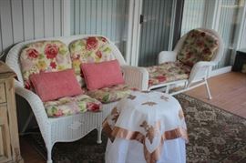 White Wicker Love Seat and Chaise with Cushions