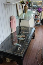 Inlaid Coffee Table with Decorative and Glass Console Table