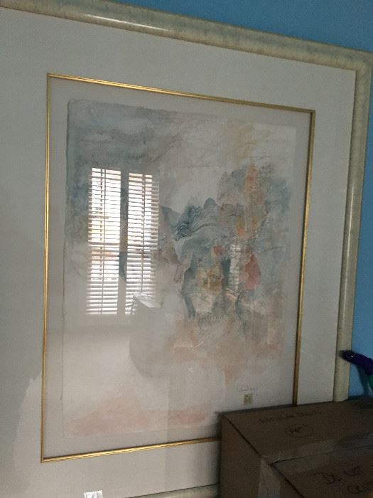 Original Paper Cast Art work "Mirage"  by  Hoi Lebadang (Vietnamese, 1922-2015). Presented in a metal frame double matted. Signed lower right.  Lebadang was a personal friend of the family 
Lebadang was born in Vietnam and emigrated to France in 1939 to study at the Ecole des Beaux-Arts in Toulouse. He had his first one-man show in Paris in 1950 and over the next thirty years gained prominence throughout France and Germany. He came to the attention of Americans in 1966 when the Cincinnati Art Museum hosted the first one-man exhibition of his paintings in the United States.