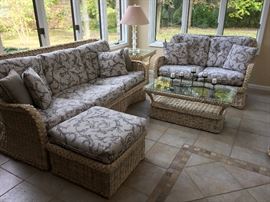 Wicker Patio inside and out Island or Coastal Living Sofa and love seat with coffee table side table and ottoman. MADE IN AMERICA $500 for all no candles Presale pricing.