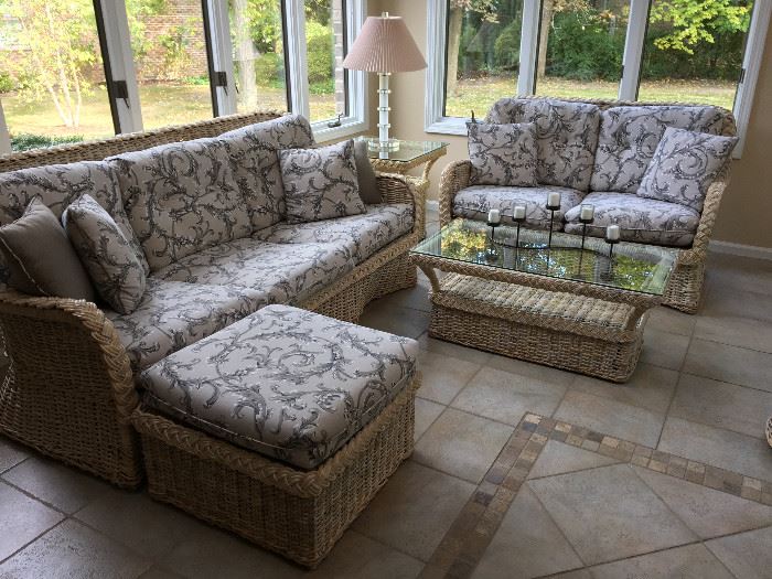 Wicker Patio inside and out Island or Coastal Living Sofa and love seat with coffee table side table and ottoman. MADE IN AMERICA $500 for all no candles Presale pricing.