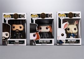 Offered is a lot of 3 Funko Pop figures from Alice Through the Looking Glass: #181 Mad Hatter, #182 McTwisp, and #184 Time. The bubbles are scuffed and the corners of the boxes are damaged. Please see the photos for details.