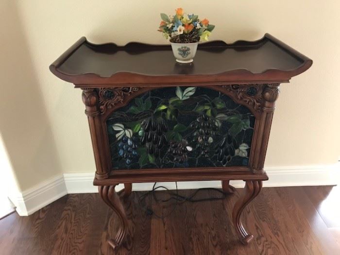 Side table with lighted Stained glass frnt