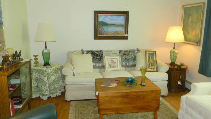 Mid Century Modern Lamps, bookcase prints, pine drop leaf coffee table, drum table, leather La-Z-bOY recliner