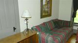 Walnut bookcase 12 x36 x 32"h, striped sofa, prints, wrought iron lamp