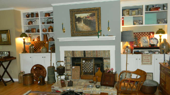 Antique copper, antique brass, antique furniture,Tiffany cats, antique drink trays,