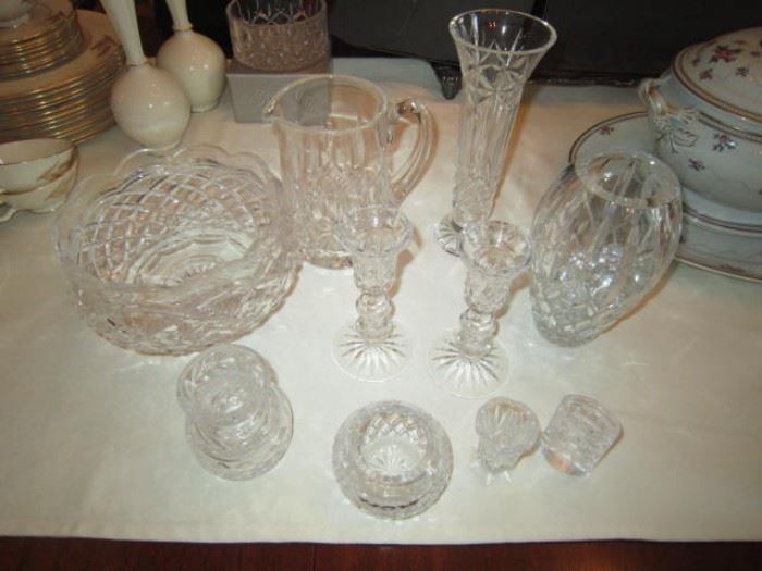 Waterford vases, candlesticks, bowl, pitcher.  There is also a small lamp available