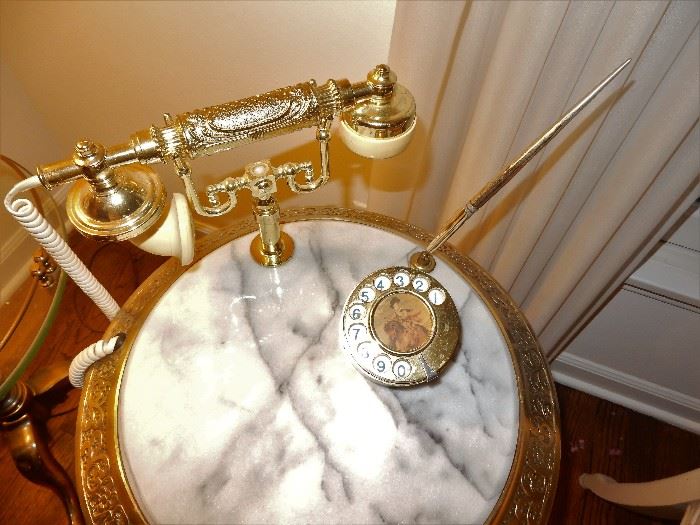 Gilded Telephone Stand with a Rotary Phone and Marble top