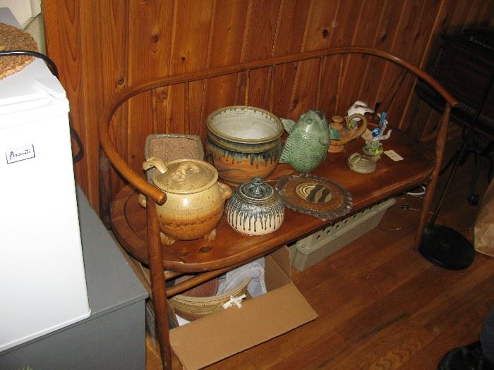 craftsman bench and sample of signed pottery pieces