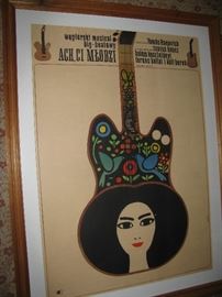 great vintage art poster for guitar music, matted and framed, 
